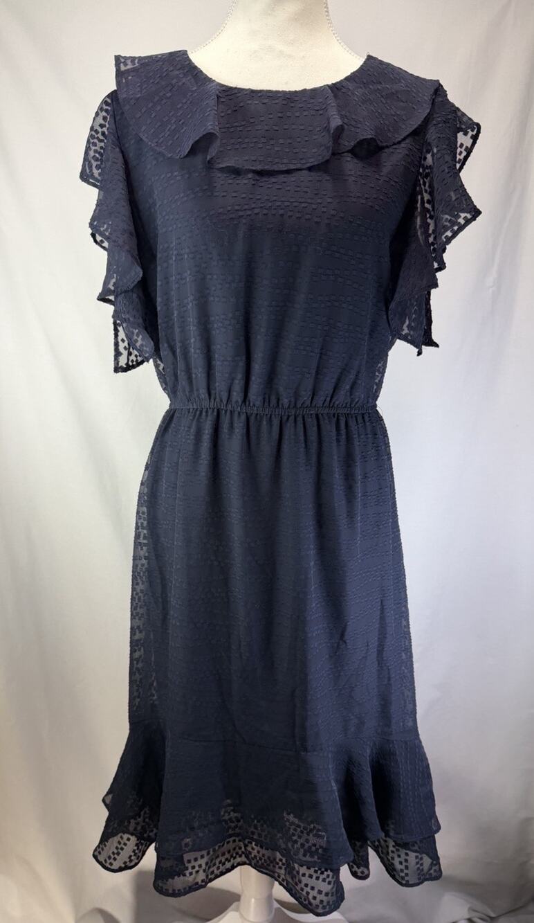 Calvin Klein Chiffon Flutter Sleeve Midi Navy Dress Sz 12 Elastic Waist Tie Back
